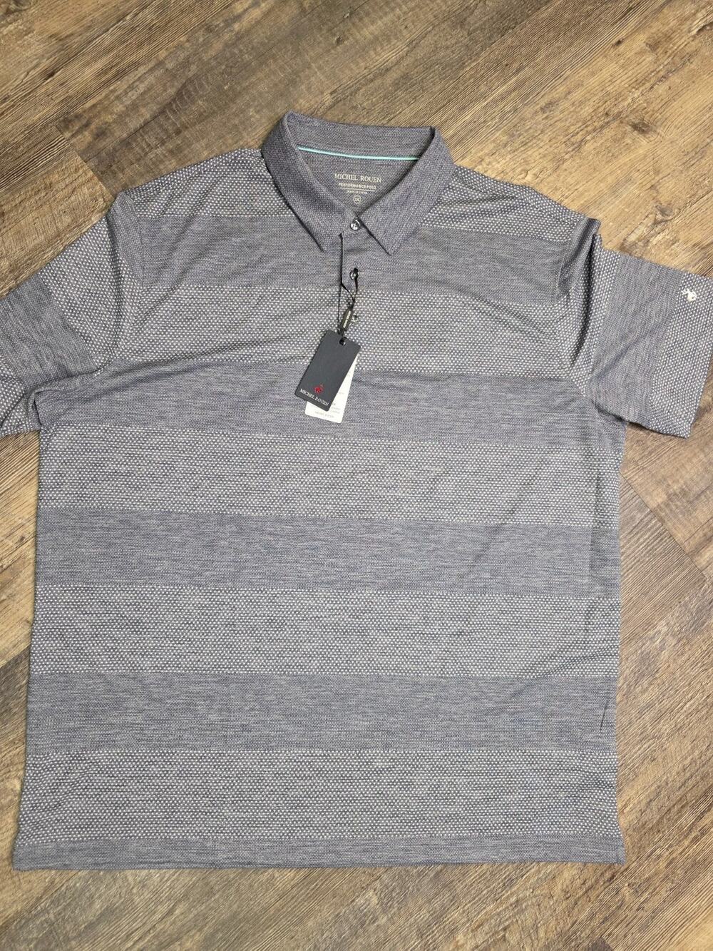 Michel Rouen Performance Polo Shirt Mens 2XL Navy Heather Polyester Striped NWT
